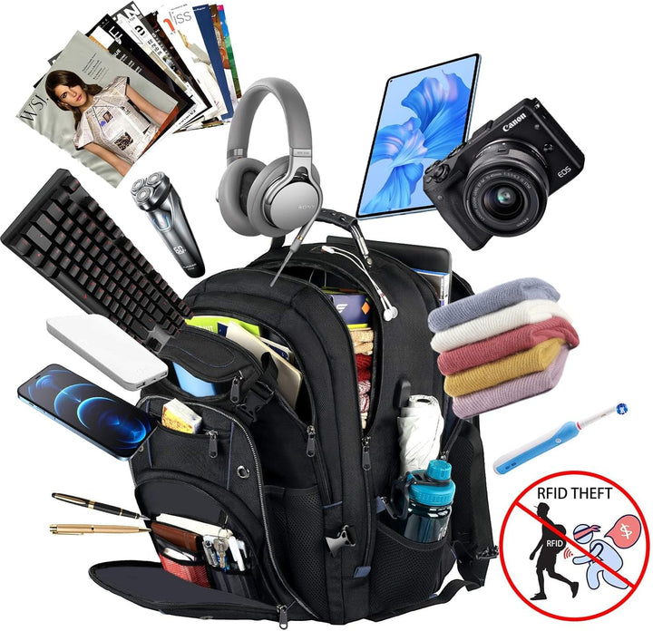 Stylish large capacity travel backpack with integrated USB charger, RFID-protected pockets, perfect for men & women.