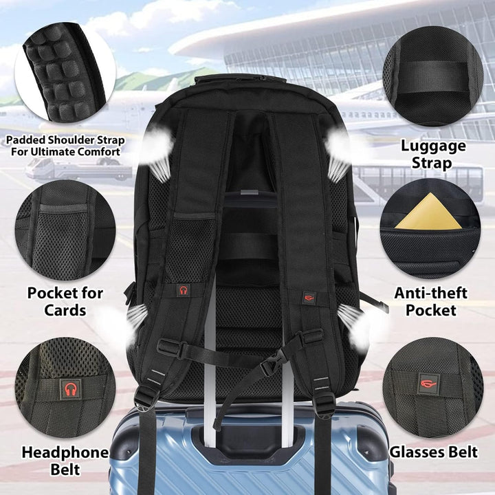 Front view of a sleek, black large capacity travel laptop backpack with USB charging & RFID security.