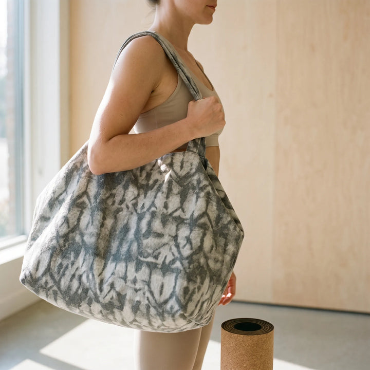 Unisex large capacity yoga tote bag for gym & daily use, featuring an abstract print. Perfect as a shoulder or travel bag.