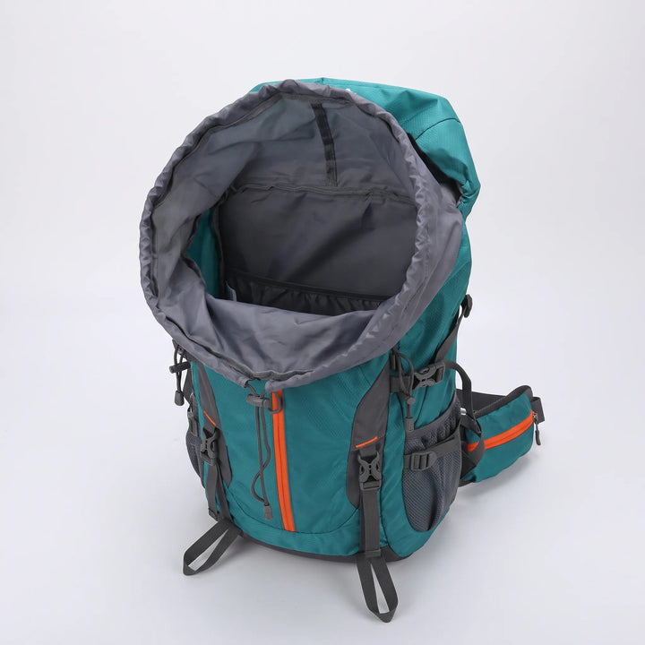 Close-up: Durable, weather-resistant fabric on a large unisex hiking backpack, perfect for rugged outdoor adventures.