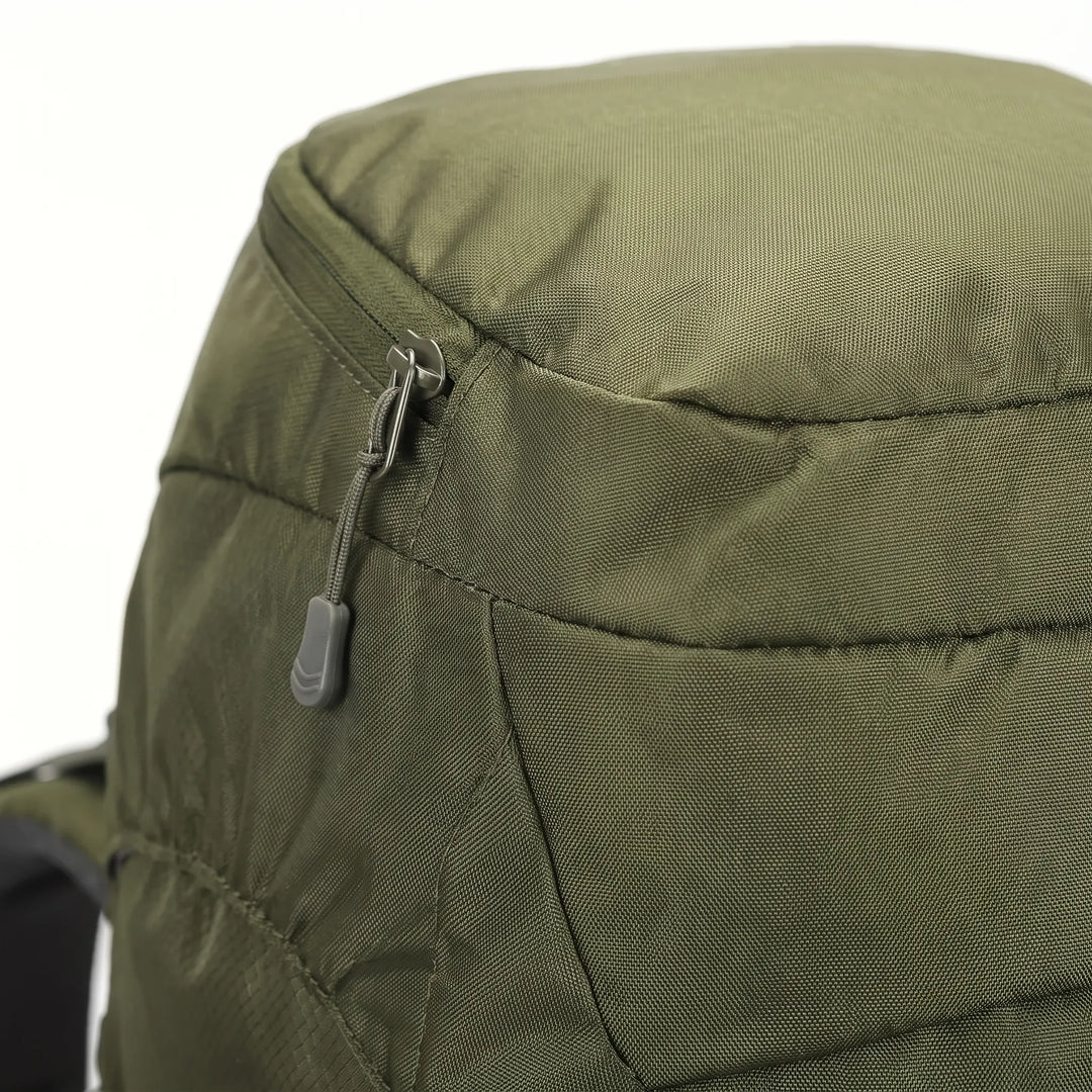 Large unisex hiking backpack on a scenic mountain trail, ready for camping, travel & outdoor adventures.