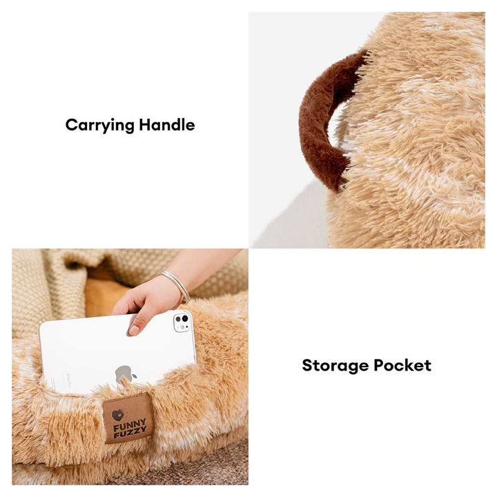 Large calming pet bed in a living room setting, plush and orthopedic for dog & cat comfort.
