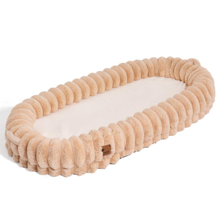 Large pet calming cuddle bed, plush orthopedic design for dogs & cats, easy to clean.