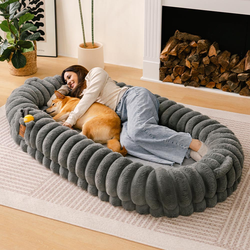Cozy large dog bed, calming orthopedic design for joint support, washable for easy care.