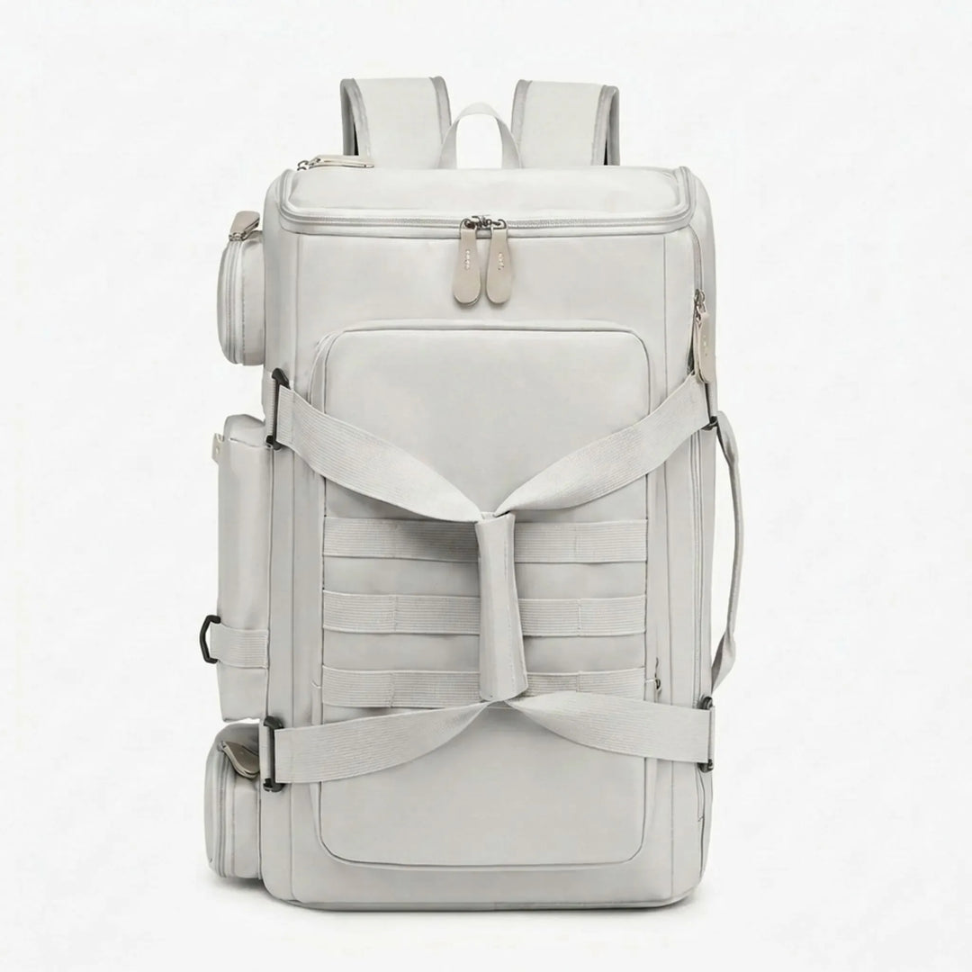 Robust black travel & gym backpack, featuring multiple compartments and wet/dry separation.