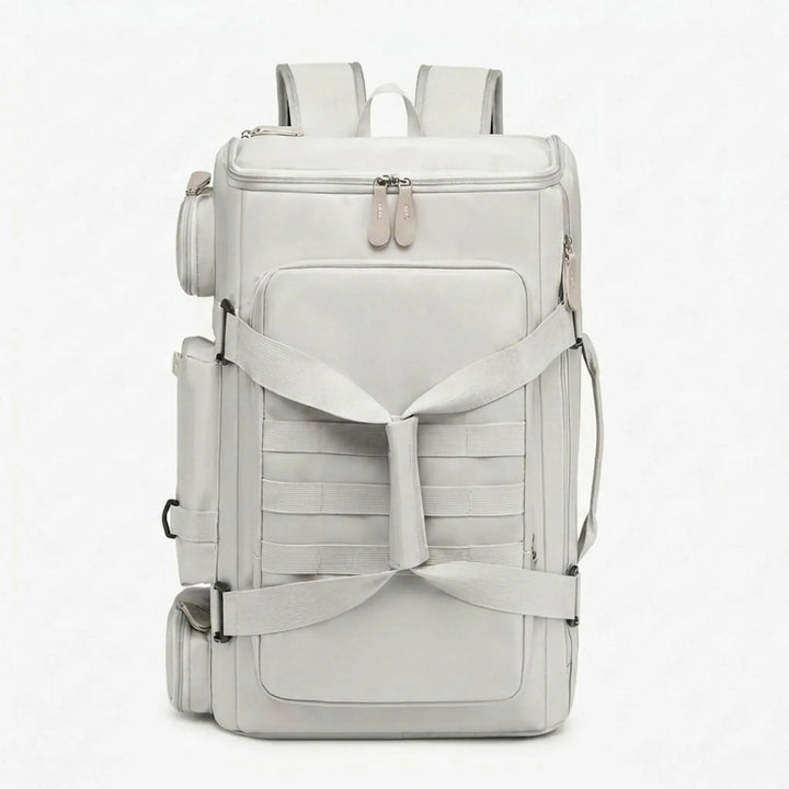 Robust black travel & gym backpack, featuring multiple compartments and wet/dry separation.