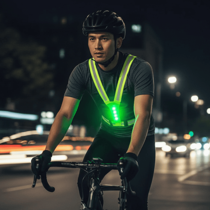 Unisex LED running safety vest with bright reflective strips for high visibility during night runs & cycling.