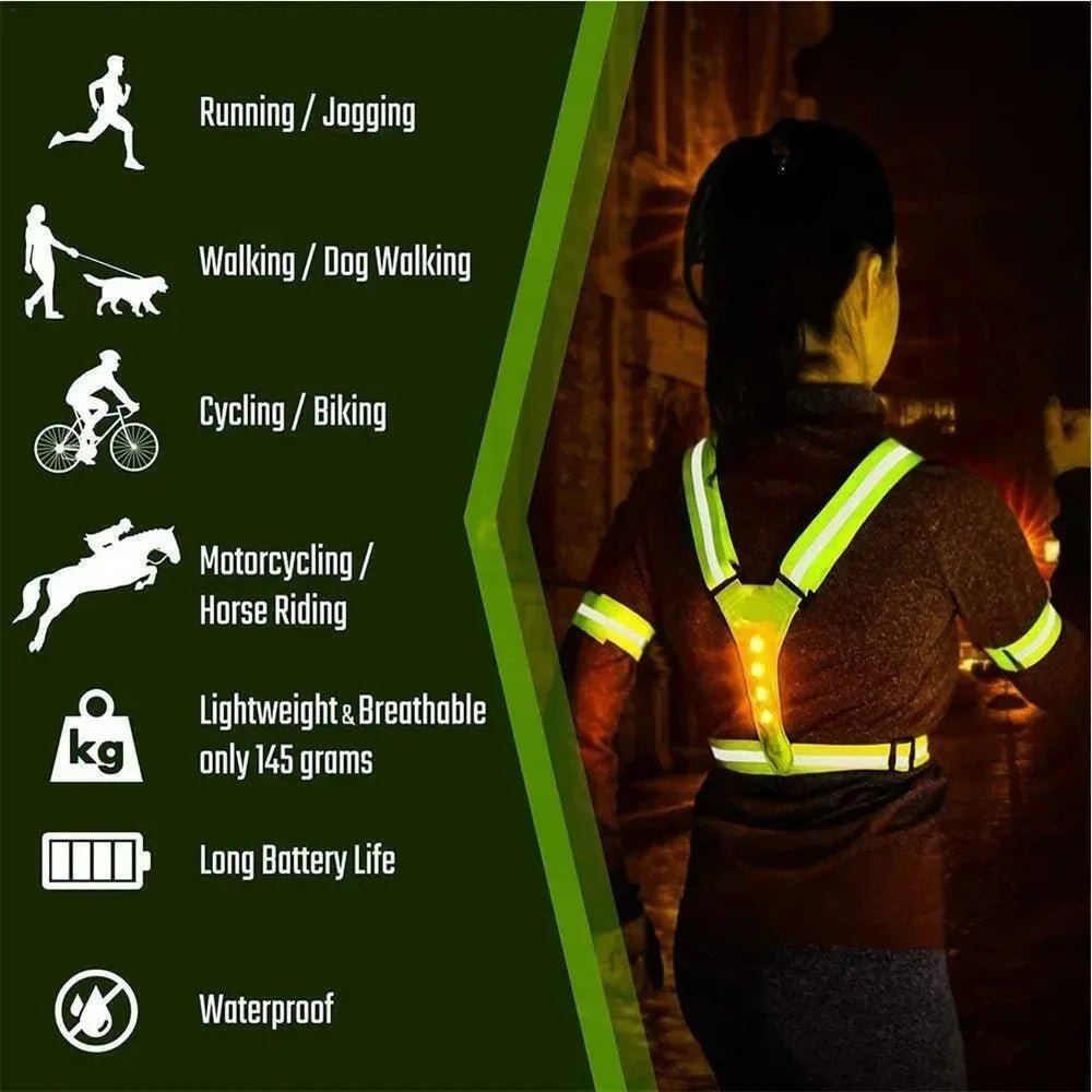 Reflective running vest with integrated LED lights for superior safety. Adjustable for a comfortable, snug fit.