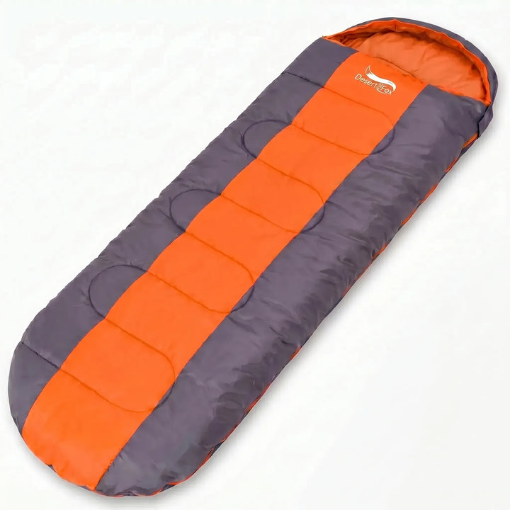 Green & orange envelope sleeping bag, lightweight 4-season for camping.