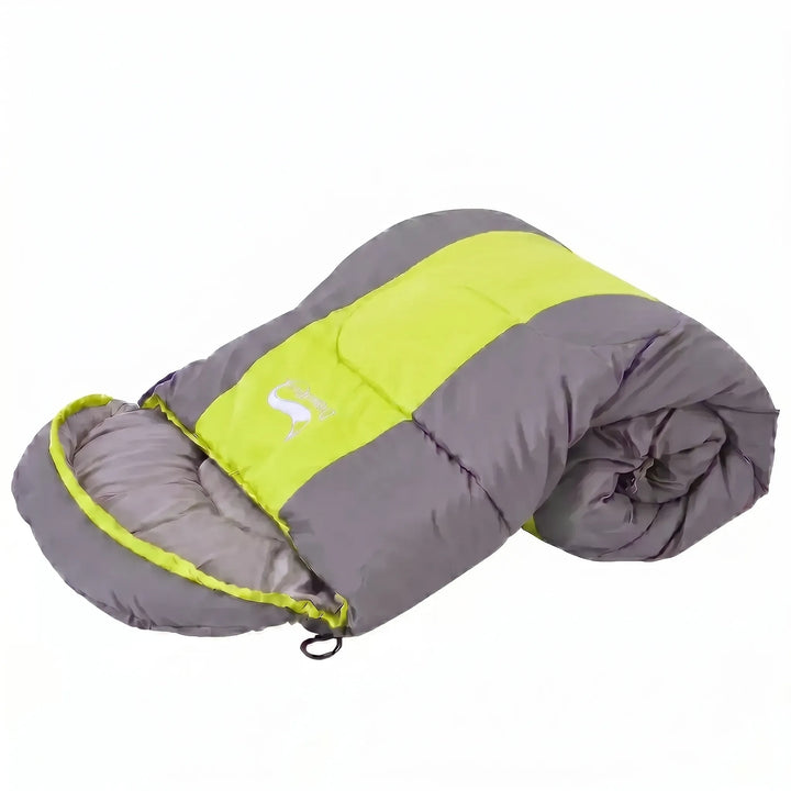 Bright green lightweight 4-season sleeping bag, great for camping and hiking.