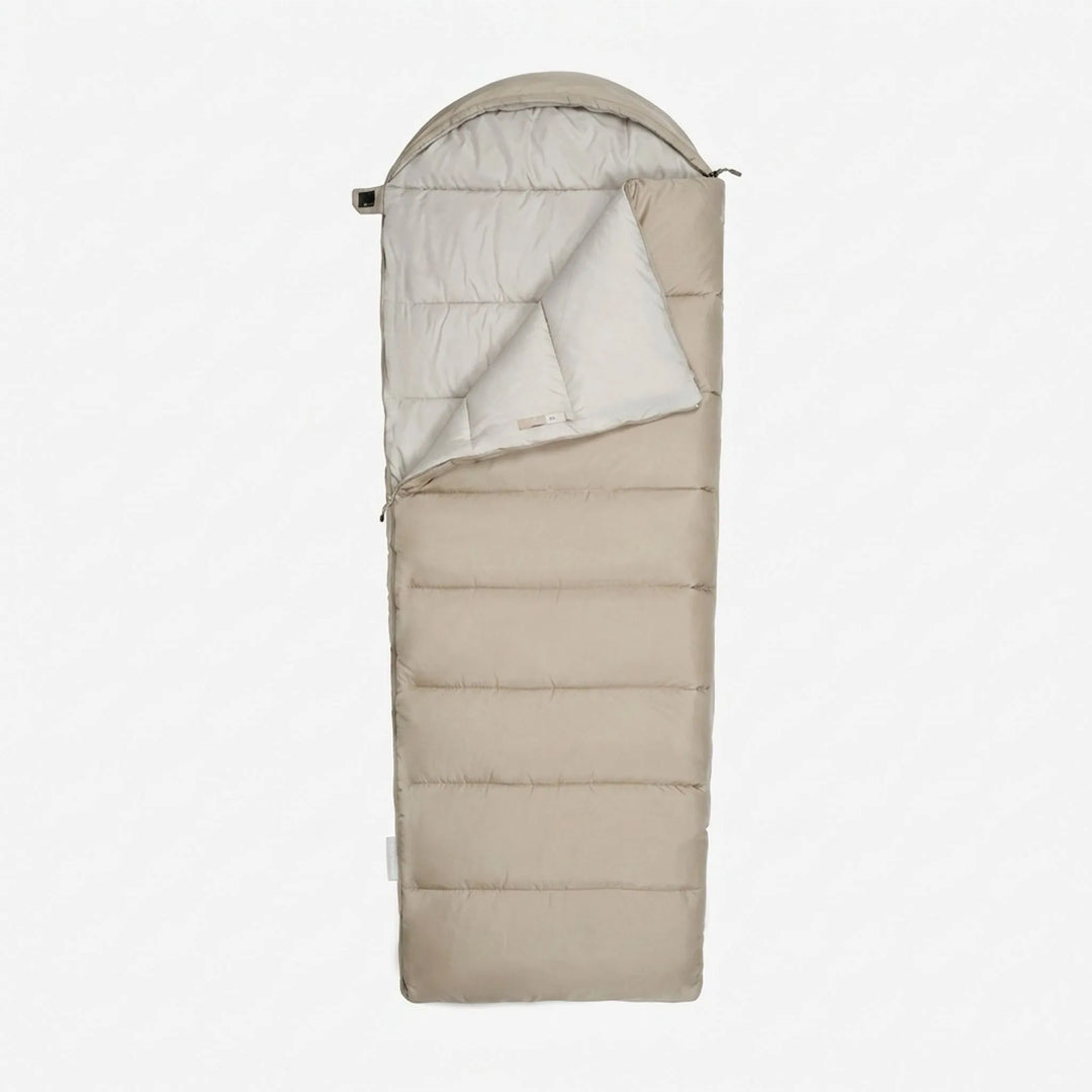 Brown polyester envelope sleeping bag, lightweight & portable for camping, hiking, and outdoor adventures.