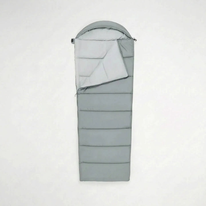 Durable polyester envelope sleeping bag for unisex camping, hiking, and outdoor travel. Lightweight design.