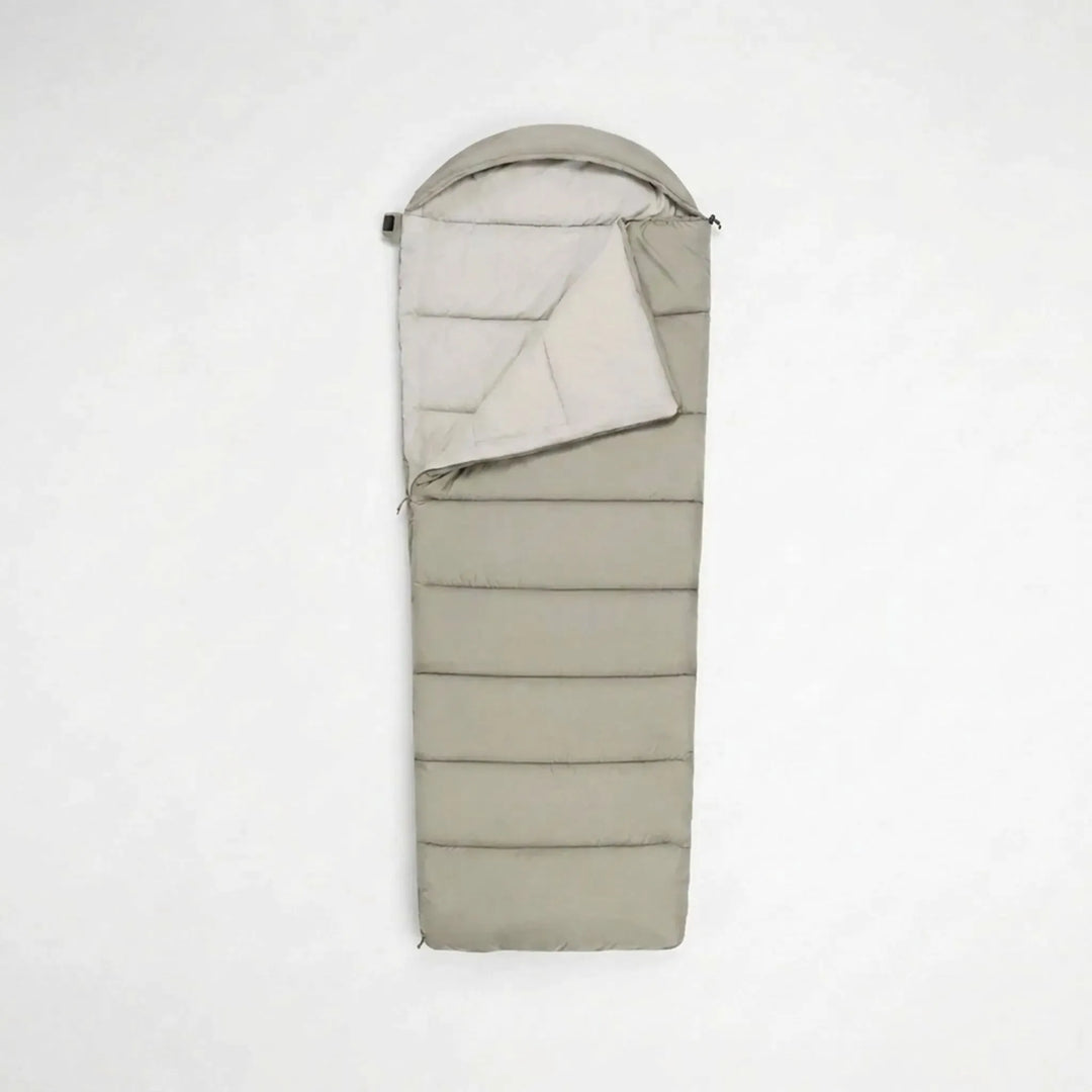 Unisex envelope sleeping bag unzipped, showing interior. Lightweight polyester for 3-season camping & hiking.