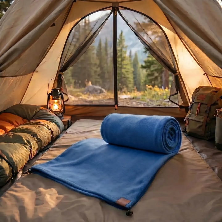 Unisex lightweight fleece sleeping bag, ideal for camping, hiking, and travel. Portable outdoor gear.