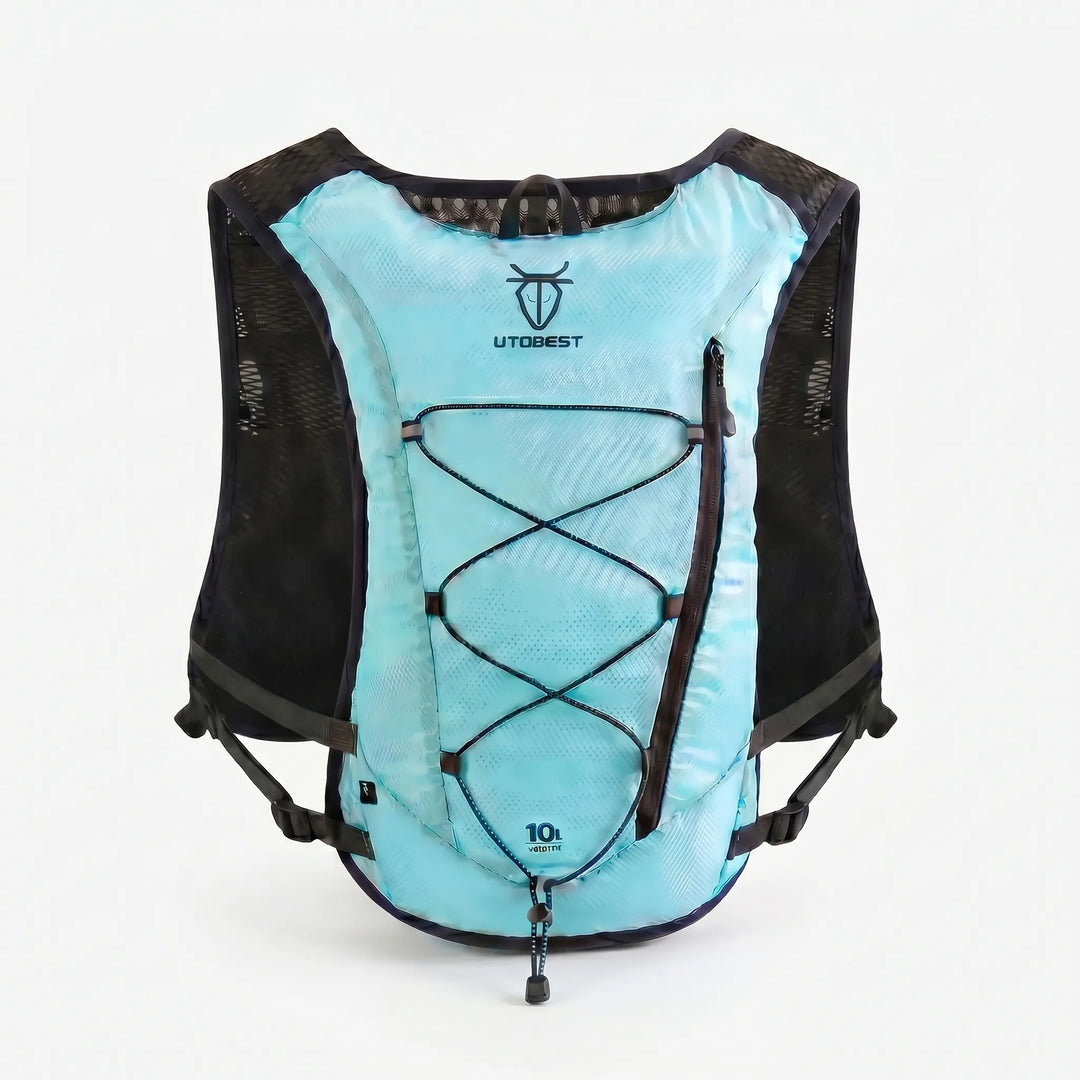 Side view of a lightweight hydration running vest, showcasing breathable design for fitness.