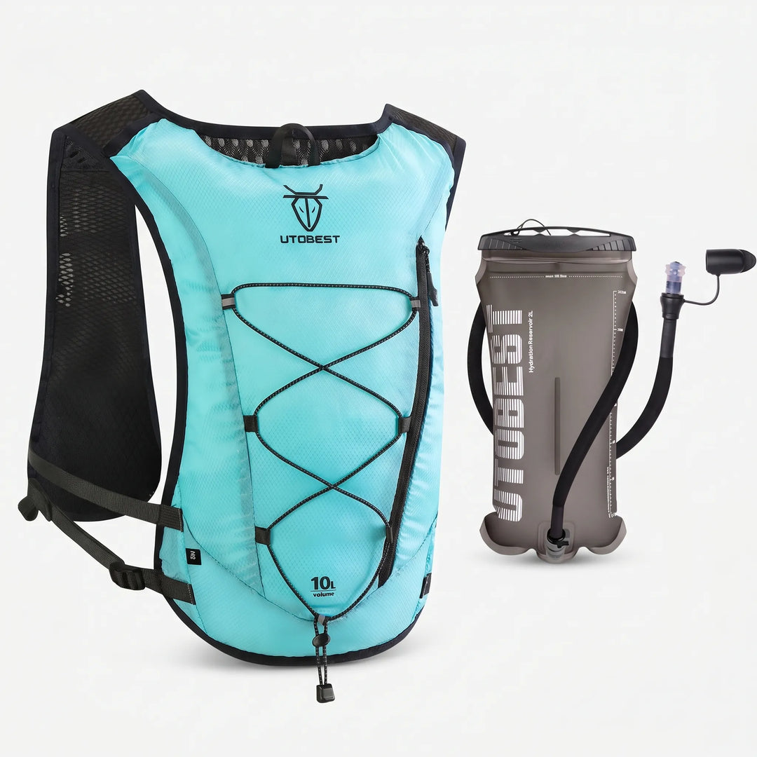 Lightweight athletic vest with hydration bladder compartment, premium running pack.