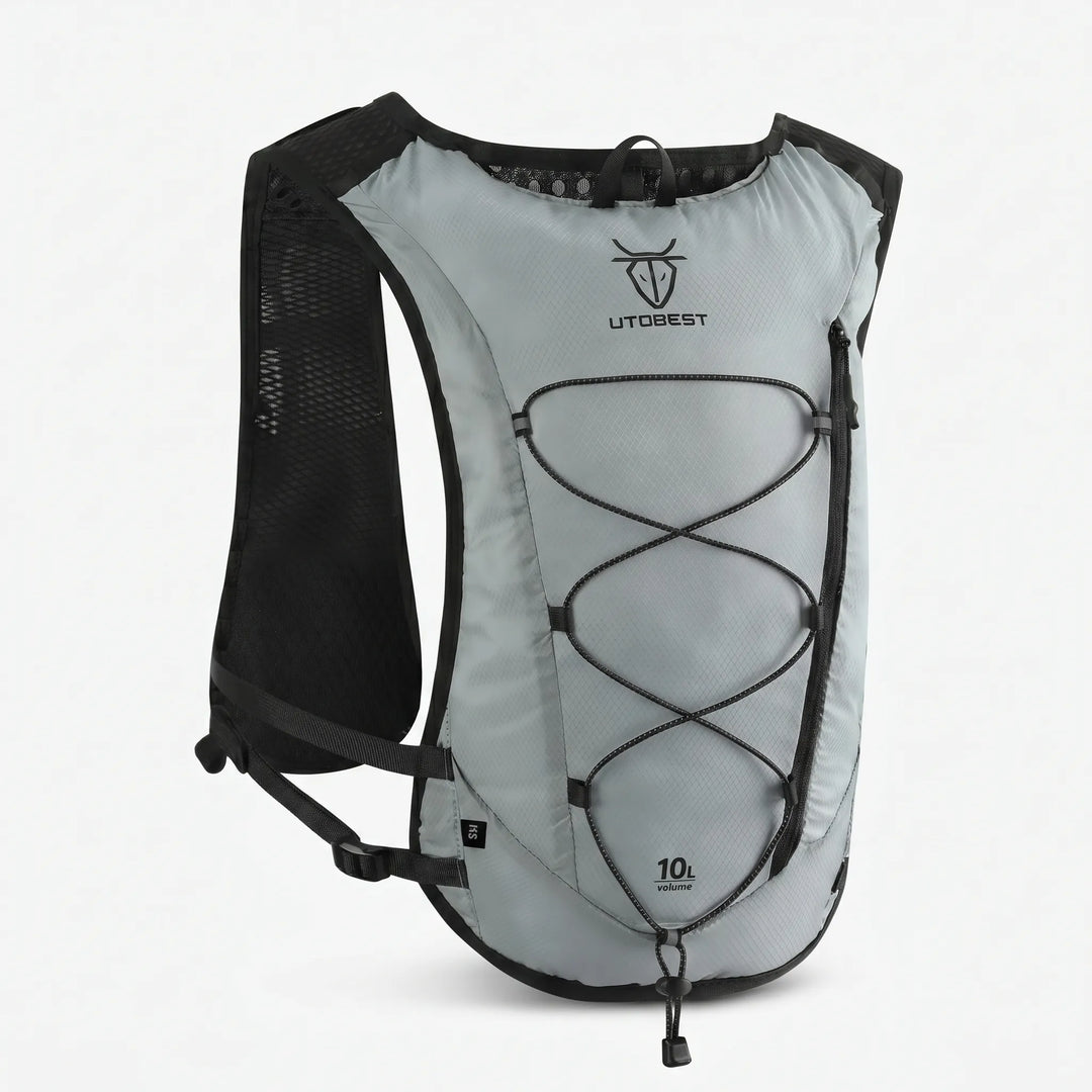 Reflective unisex hydration running vest pack, safety enhanced gear for night runners.