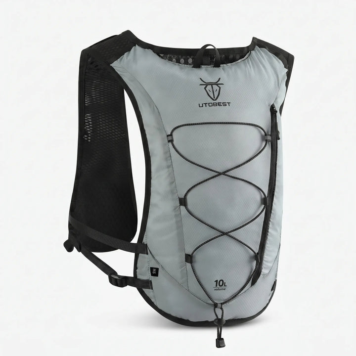Reflective unisex hydration running vest pack, safety enhanced gear for night runners.