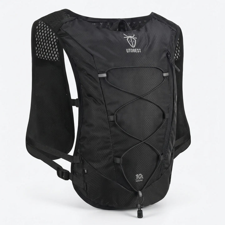 Lightweight hydration running vest pack, front view, showing reflective details.