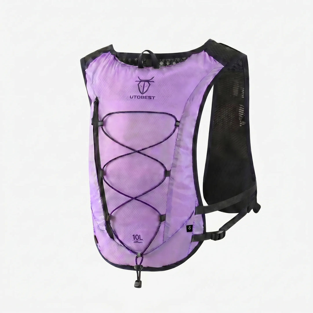 Back view of unisex hydration running pack, breathable mesh for trail running gear.