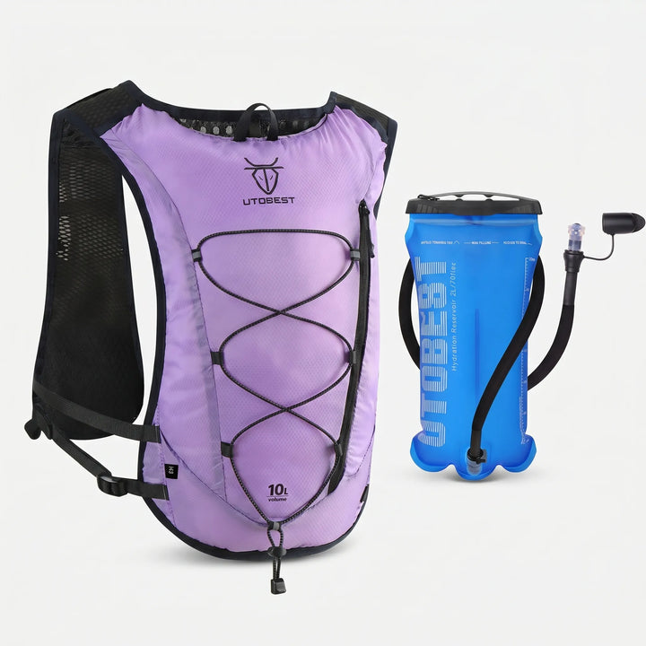 Adjustable running vest, lightweight hydration pack for comfortable trail running.