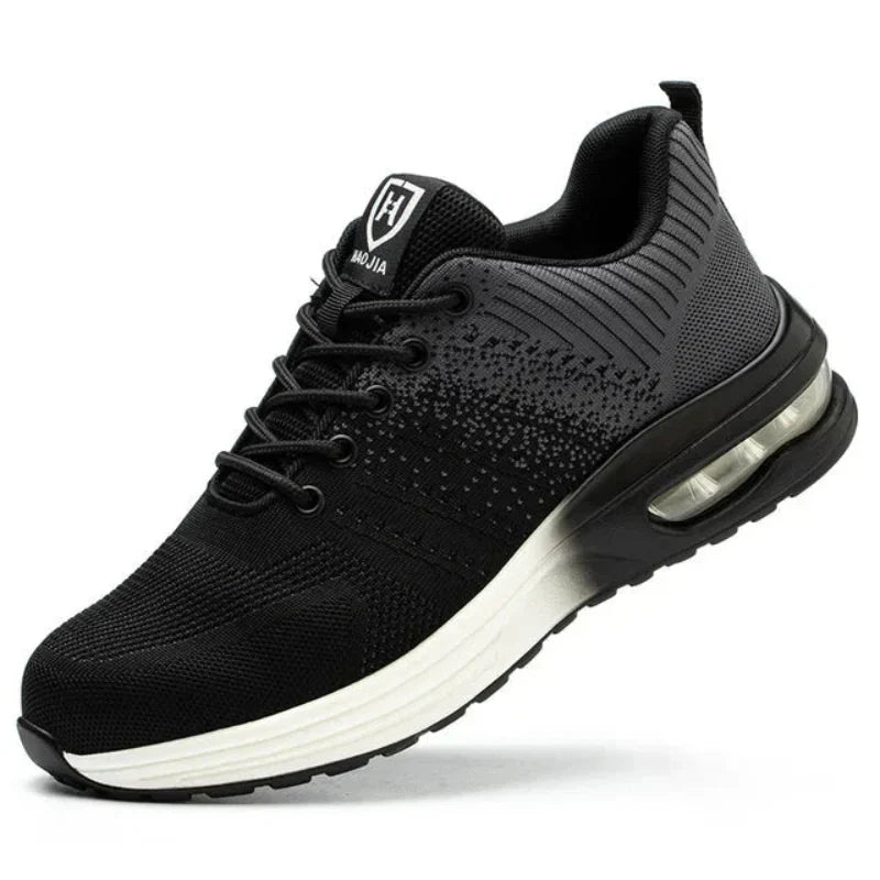 Lightweight safety sneakers for work, featuring steel toe, air cushion comfort & anti-puncture sole for protection.