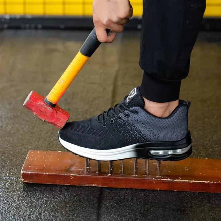 Durable unisex protective shoes for outdoor work. Steel toe, lightweight & cushioned safety sneakers with arch support.