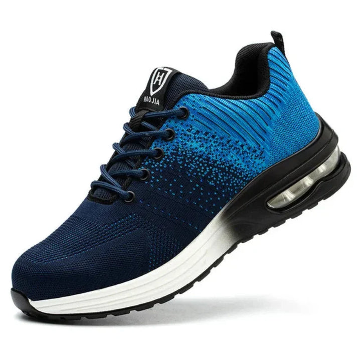 Unisex lightweight safety sneakers: steel toe, puncture-proof, air-cushioned for comfort & arch support during work.