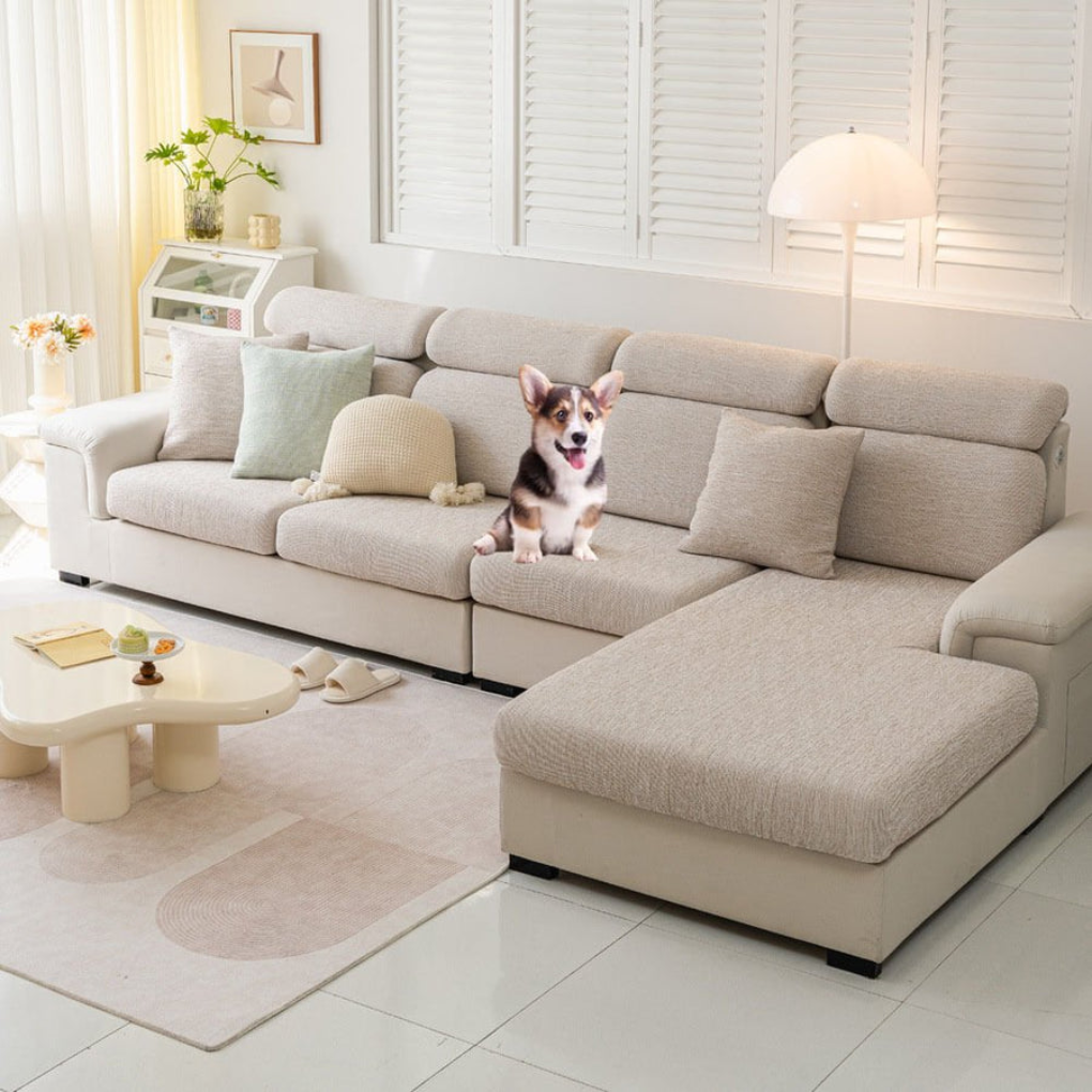 Unisex linen-blend stretch sofa cover in a neutral color, protecting furniture from pets and spills