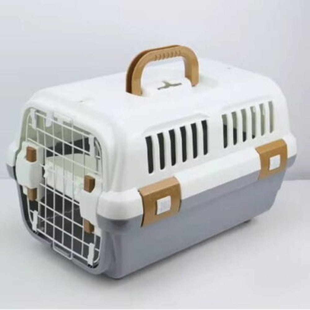 Small animal transport carrier, gray, showing the secure locking mechanism and ample ventilation for pet comfort.