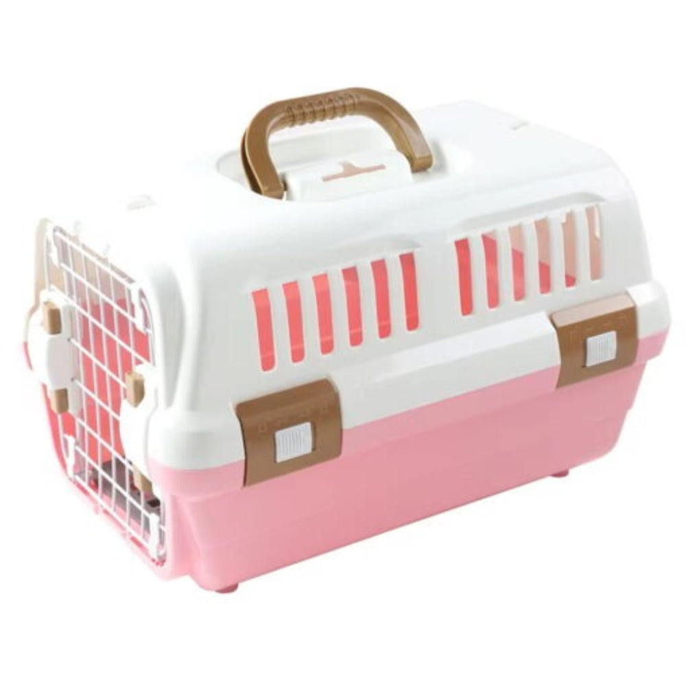 Ventilated pet travel crate in gray, designed for safe cat vet visits and comfortable long-distance journeys.