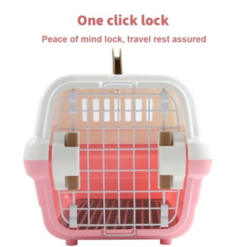 Durable pet supplies: lockable gray carrier suitable for small dogs, cats, and other small animals, with breathable design.
