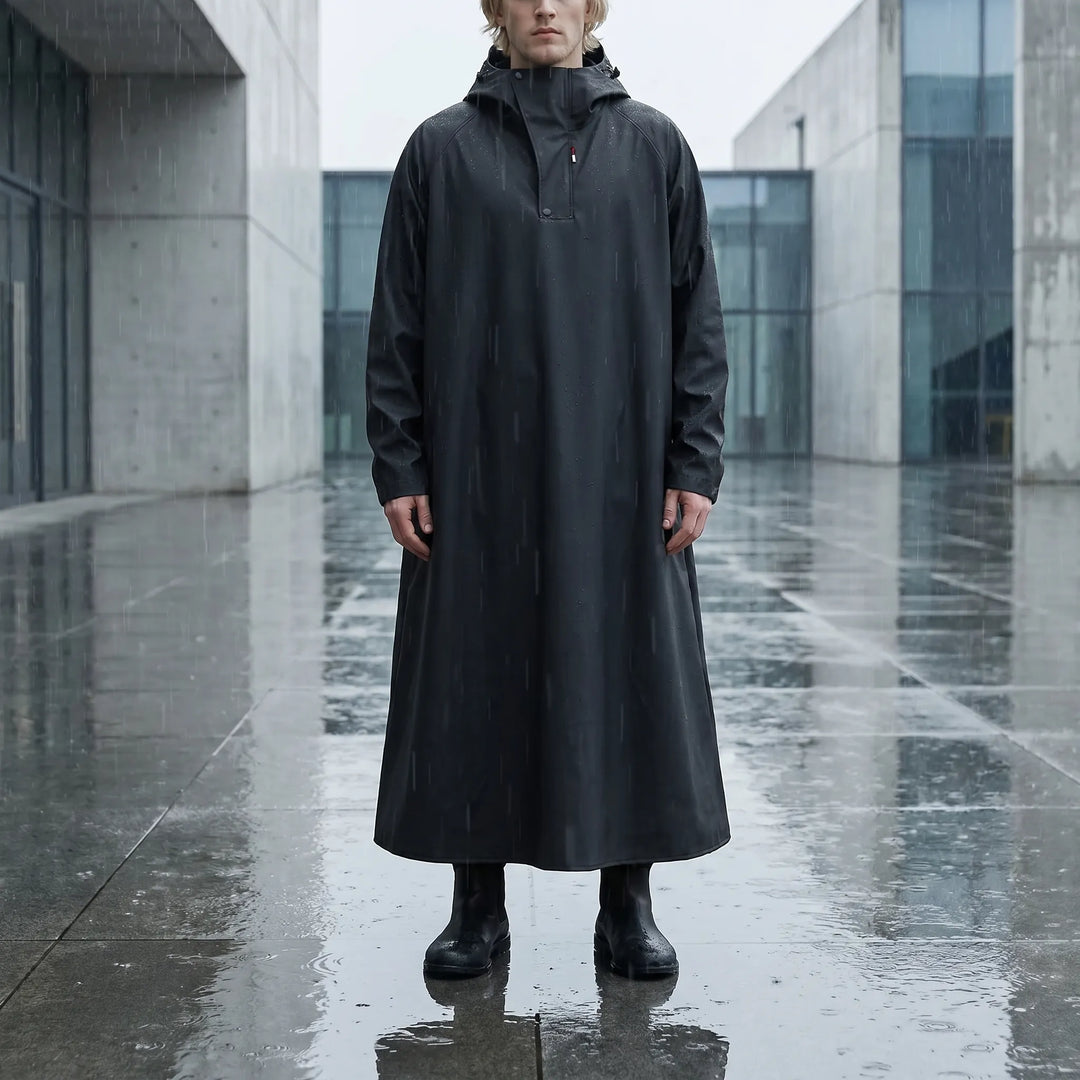 Unisex long hooded riding rain jacket, waterproof & durable for wet weather outdoor gear.