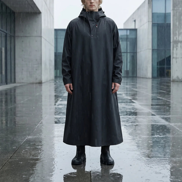 Unisex long hooded riding rain jacket, waterproof & durable for wet weather outdoor gear.