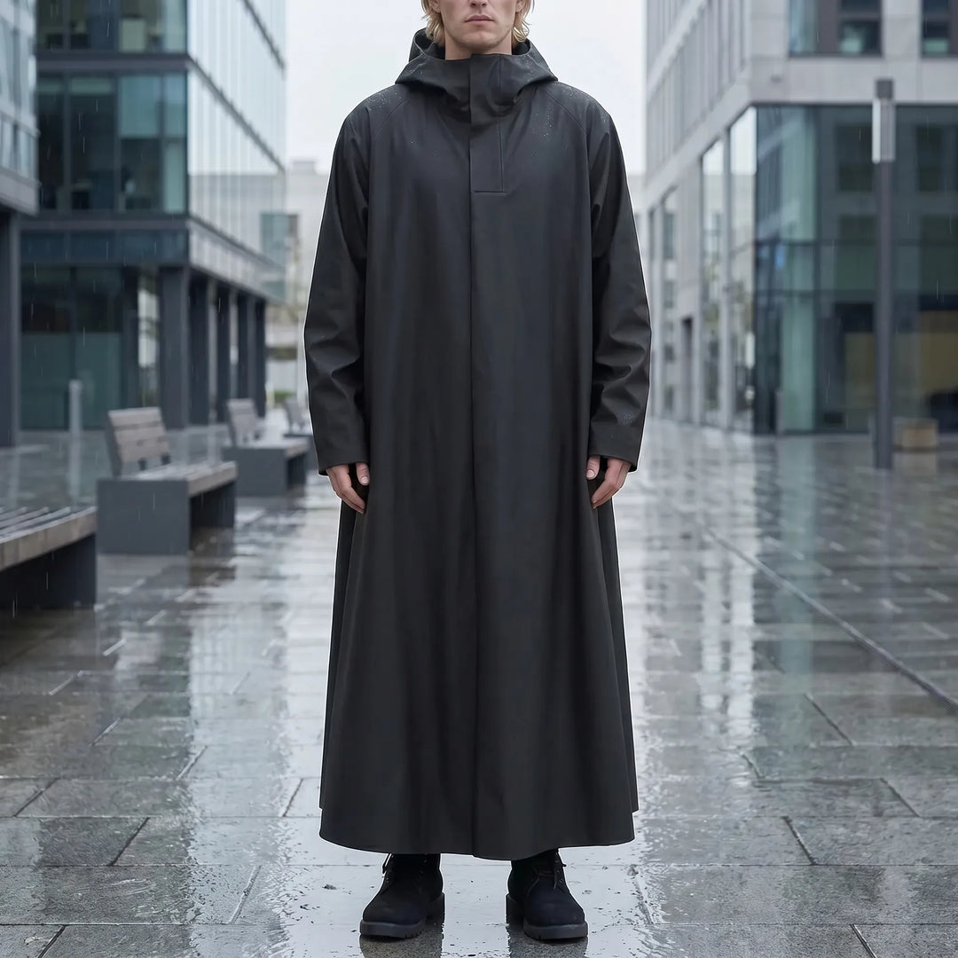 Durable unisex long riding rain jacket. Hooded waterproof coat, essential outdoor gear for all weather.