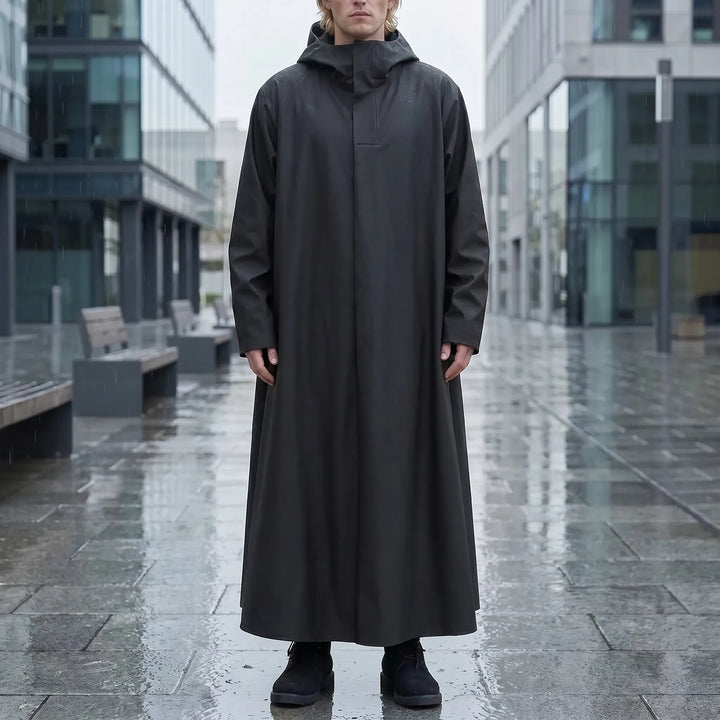 Durable unisex long riding rain jacket. Hooded waterproof coat, essential outdoor gear for all weather.