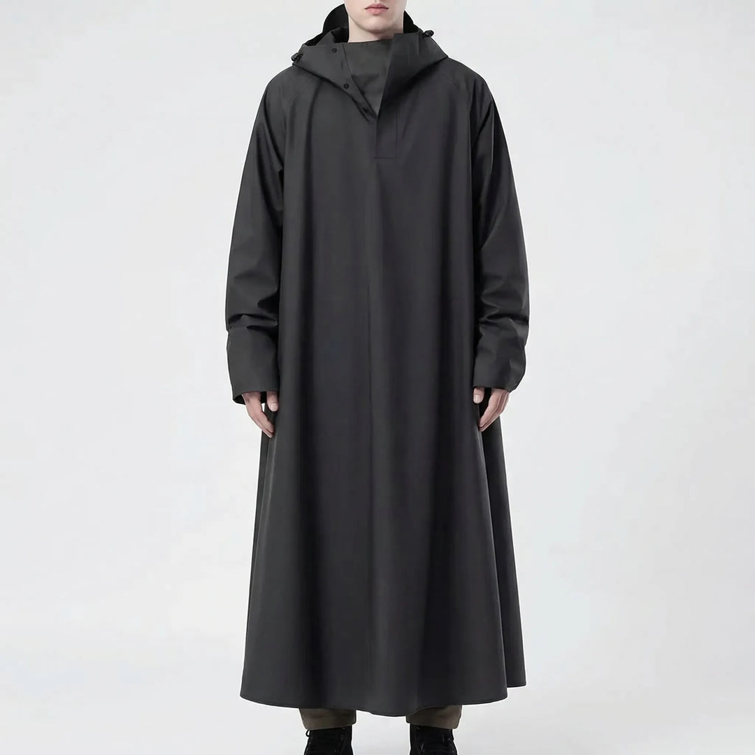 Versatile unisex long rain jacket with hood. Waterproof riding coat, ideal for outdoor gear & wet weather.