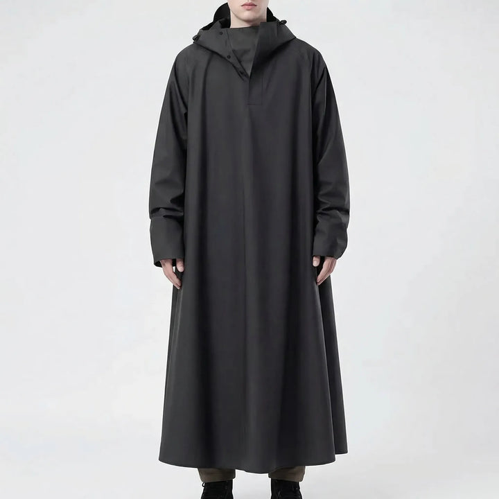 Versatile unisex long rain jacket with hood. Waterproof riding coat, ideal for outdoor gear & wet weather.