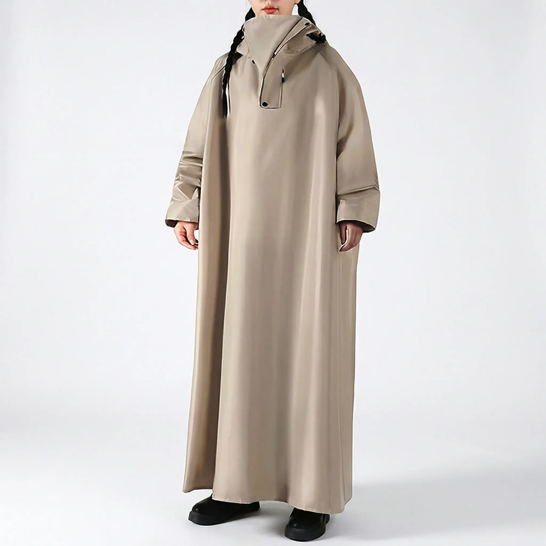 Stylish unisex long hooded rain jacket. Waterproof riding coat, perfect for outdoor adventures & wet weather.