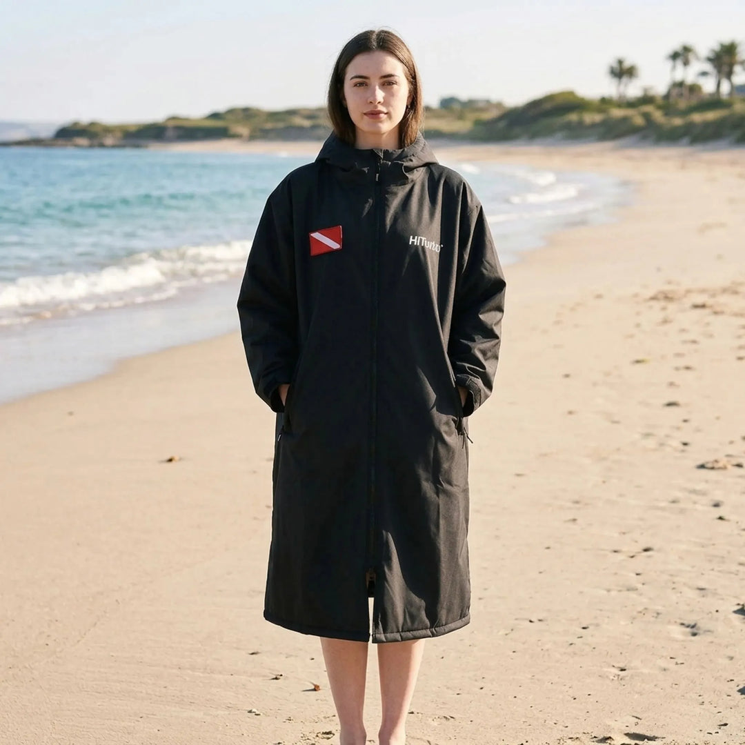 Unisex long-sleeve changing robe for water sports, perfect for privacy post-swim or surf.