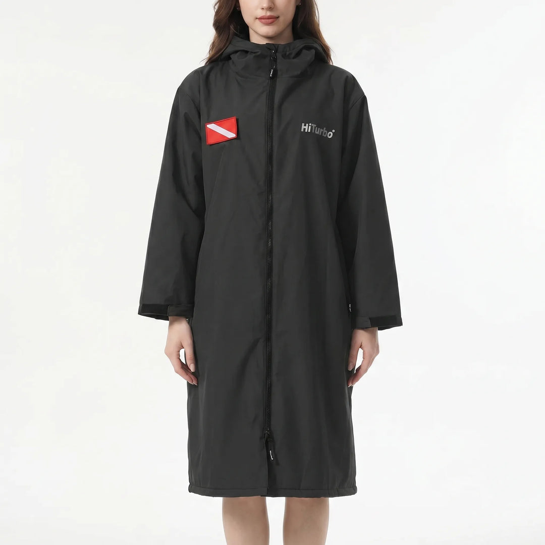 Hooded long-sleeve changing robe, providing warmth & privacy for outdoor changing after water sports.
