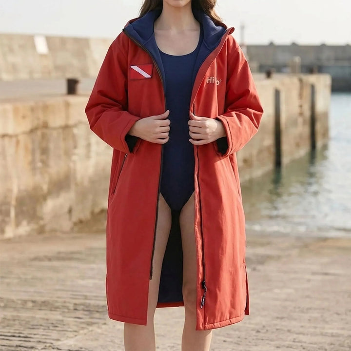 Beach changing robe, long-sleeve, ensuring privacy & comfort for men & women after swimming outdoors.