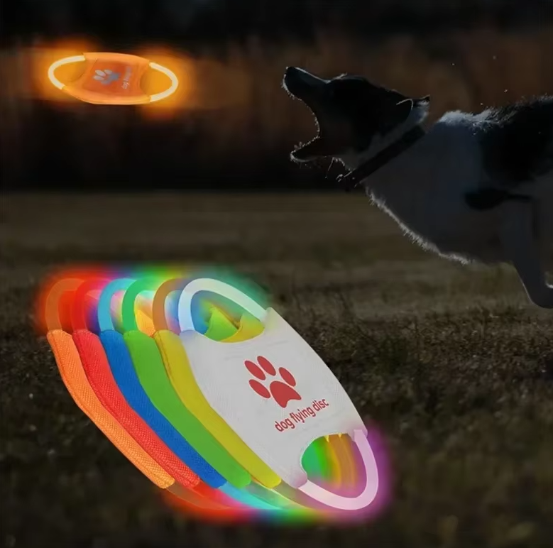 Durable LED dog flying disc, glowing pet toy for visible night fetch