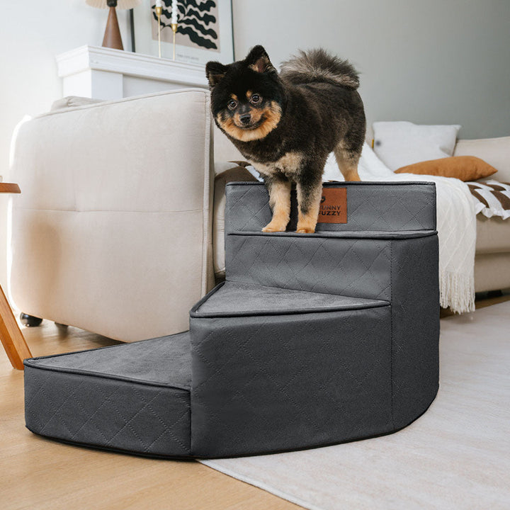 Pet stairs from side angle, showcasing faux leather and sturdy build