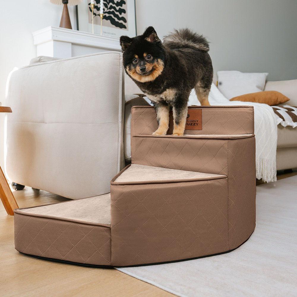 Pet stairs cover removed, showing foam core and faux leather fabric