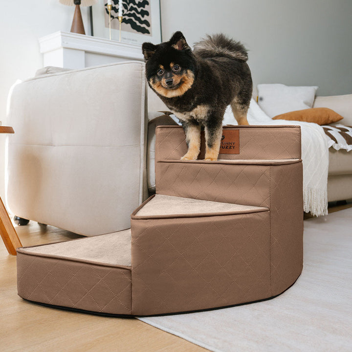 Pet stairs cover removed, showing foam core and faux leather fabric
