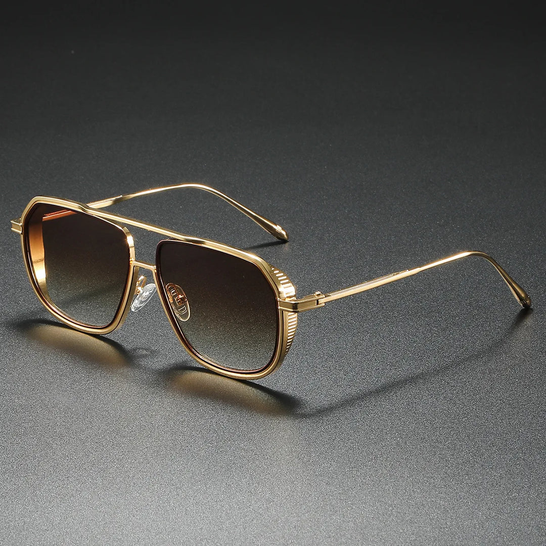 Close-up of elegant frames on unisex luxury sunglasses, showcasing fashion eyewear with UV400 protection.