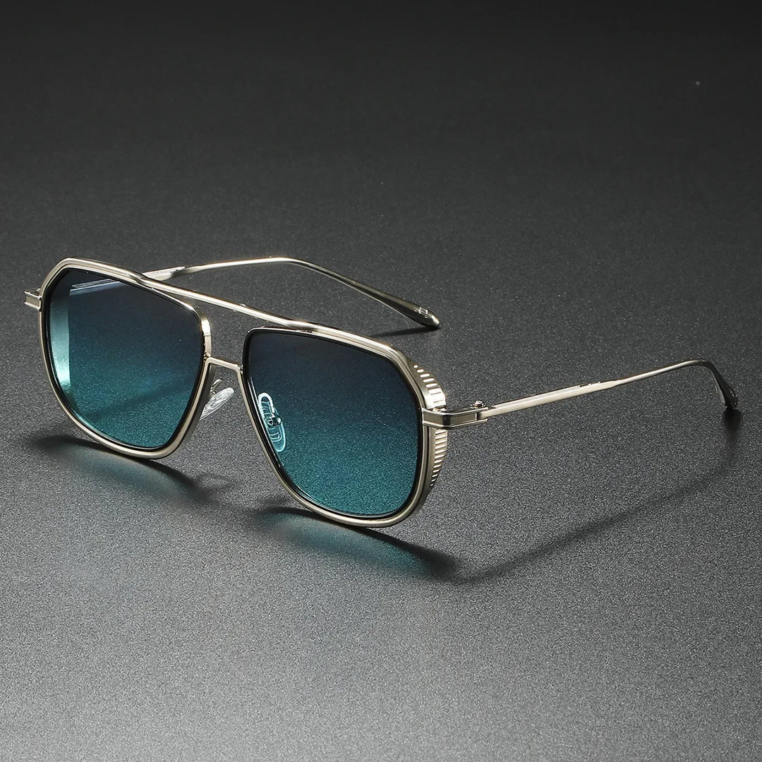 Model wearing unisex luxury fashion sunglasses, highlighting gradient lenses & UV400 protection for a chic look.