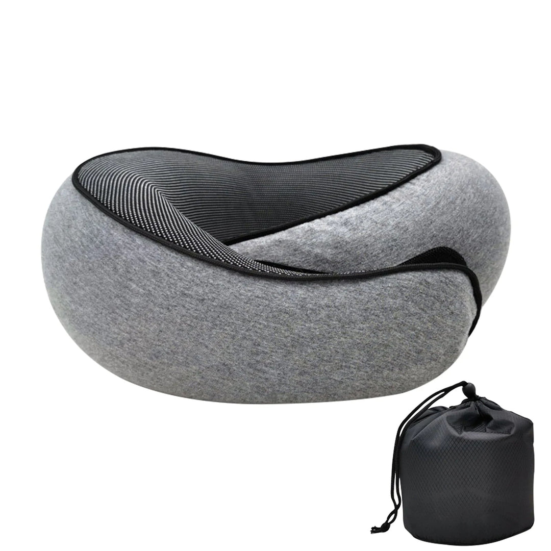 Portable memory foam neck pillow for airplane, car, or road trip comfort. Soft, washable travel accessory.