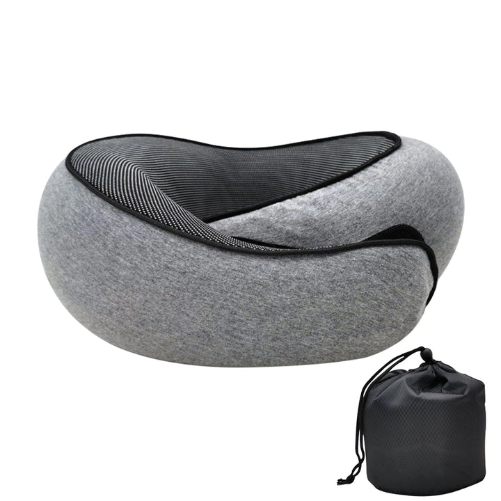 Portable memory foam neck pillow for airplane, car, or road trip comfort. Soft, washable travel accessory.